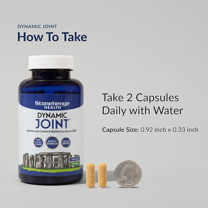 Stonehenge Health Dynamic Joint Supplement - Comfort, Mobility, Flexibility with AprèsFlex Boswellia, MSM, Collagen, Bromelain, Turmeric, Vitamin C, D3 (60 Capsules)