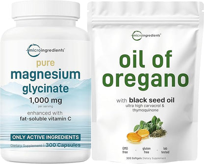 Micro Ingredients Oil of Oregano 6,000mg Softgels & Pure Magnesium Glycinate 1,000mg Capsules Bundle 2 Pack | 4X Strength Thymoquinone with Black Seed | Chelated Form for Max Absorption