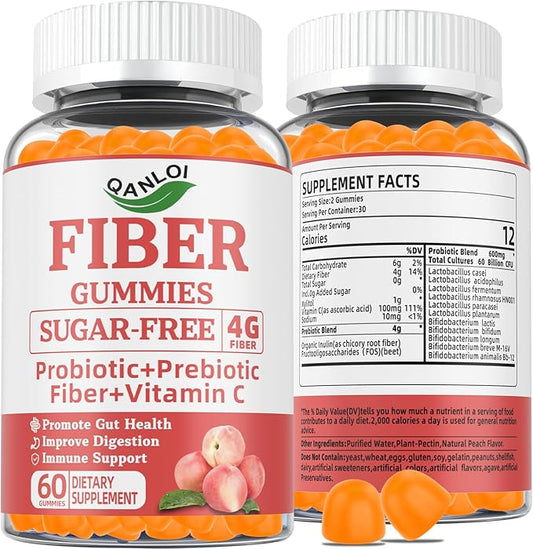 Probiotics + Prebiotics Fiber Gummies for Adults, 60 Billion CFU, 4g Prebiotic Per Serving, Promotes Intestinal Health & Enhances Immune System, Sugar Free, 60 Gummies