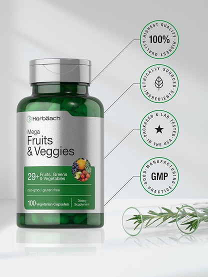 Horbäach Mega Fruits and Veggies Supplement | 100 Capsules | Vegetarian, Non-GMO and Gluten Free