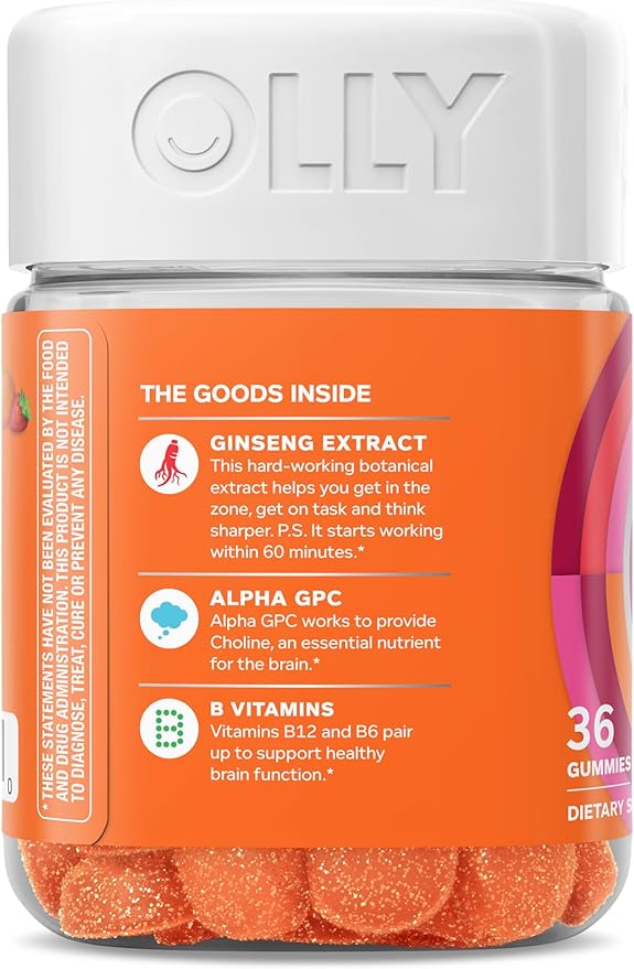 OLLY Laser Focus Gummy, Ginseng, Alpha GPC, B Vitamins, Berry Tangerine Flavor - 36 Count