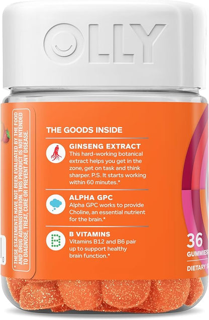 OLLY Laser Focus Gummy, Ginseng, Alpha GPC, B Vitamins, Berry Tangerine Flavor - 36 Count