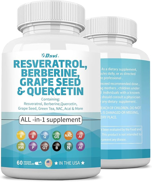 60 Capsules Resveratrol 6000mg Berberine 3000mg Grape Seed Extract 3000mg Quercetin 4000mg Green Tea Extract Polyphenol Supplement with N-Acetyl Cysteine Acai Extract for Women and Men,USA