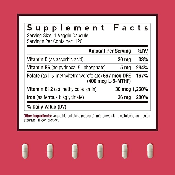 Doctor's Recipes Iron Supplement for Women Men - Gentle Iron Bisglycinate with Vitamin C, B6, Folate & B12 - Non-Constipating & Stomach Friendly Iron Pills for Blood & Energy Support, 120 Vegan Caps