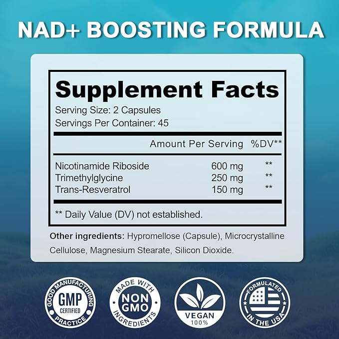 NAD+ Supplement 1000mg for Women & Men, with Nicotinamide Riboside Resveratrol - High Purity NAD Resveratrol Supplement for Cellular Energy, Longevity & Healthy Aging, NMN Alternative - 90 Capsules