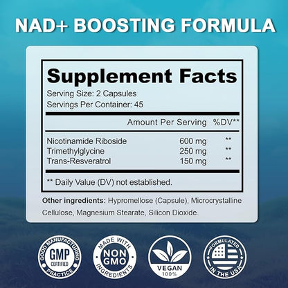 NAD+ Supplement 1000mg for Women & Men, with Nicotinamide Riboside Resveratrol - High Purity NAD Resveratrol Supplement for Cellular Energy, Longevity & Healthy Aging, NMN Alternative - 90 Capsules