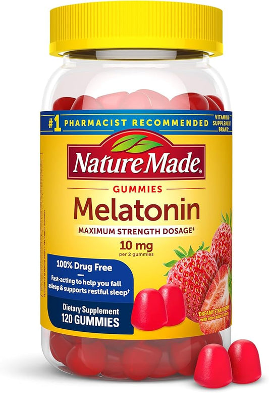 Nature Made Melatonin 10 mg per serving Gummies, Sleep Gummies for Adults Maximum Strength Dosage, 100% Drug Free Sleep Aid, 120 Count, 60 Day Supply