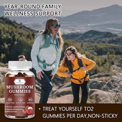 Organic Mushroom Gummies with Mane Mushroom, Reishi, Cordyceps, Lion's Mane Mushroom Gummies for Adults Brain Booster, Immune Support, Energy-60 Units