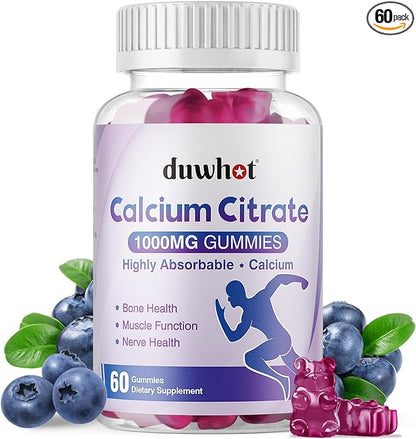 Calcium Citrate Gummies, Chewable Calcium Citrate 1000mg for Bone, Muscle & Immune Support, Ultimate Absorption Calcium Supplements for Women & Men, Blueberry, 60 Chews