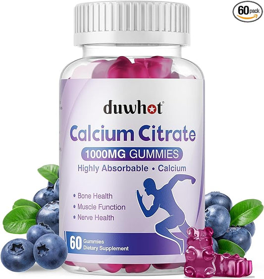 Calcium Citrate Gummies, Chewable Calcium Citrate 1000mg for Bone, Muscle & Immune Support, Ultimate Absorption Calcium Supplements for Women & Men, Blueberry, 60 Chews