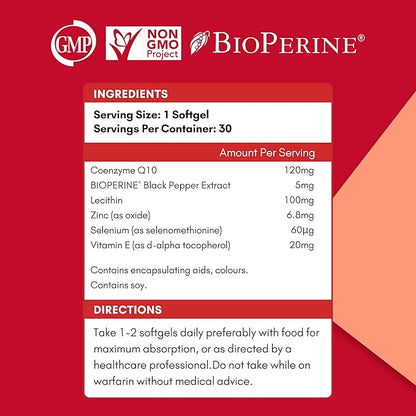 CoQ10 120mg with BioPerine(Black Pepper), Coenzyme Q10 with Vitamins E, Ultra High Absorption Antioxidant Support for Heart Health, Gluten Free, 30 Days Supply