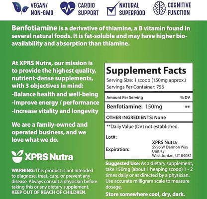 XPRS Nutra Benfotiamine Powder (Thiamine) - Fat Soluble Happy Heart Thiamine Supplement - Advanced Vitamin B1 Benfotiamine for a Cognitive Boost - Vegan Friendly Benfotamine Powder (4 Ounce)