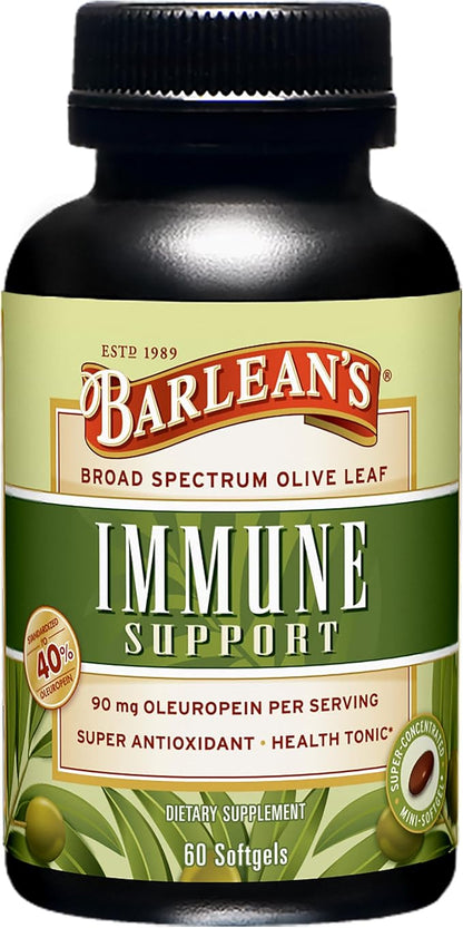 Barlean's Olive Leaf Complex Softgels Immune Support Supplement with 90 mg Oleuropein Antioxidants, Concentrated Heart Health and Immunity Booster Pills, 60 Count