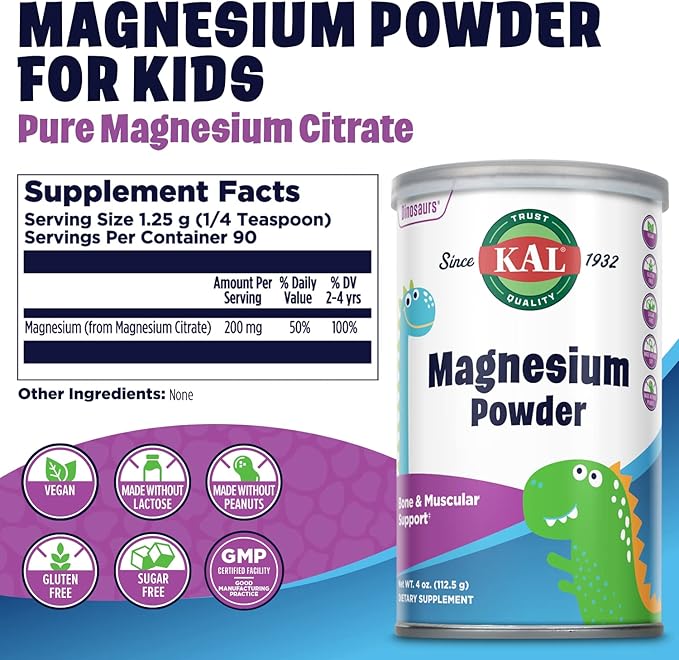 KAL Magnesium Powder, Magnesium for Kids, Pure Magnesium Citrate Powder, Healthy Bone Development, Muscle and Nerve Function Support, Vegan, Gluten Free, Sugar Free, 90 Servings, 4 oz