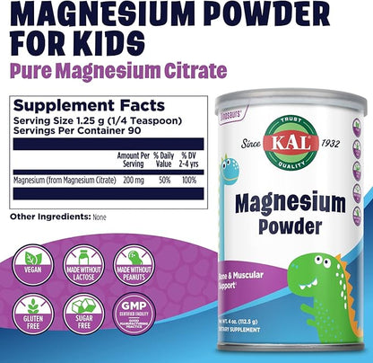 KAL Magnesium Powder, Magnesium for Kids, Pure Magnesium Citrate Powder, Healthy Bone Development, Muscle and Nerve Function Support, Vegan, Gluten Free, Sugar Free, 90 Servings, 4 oz