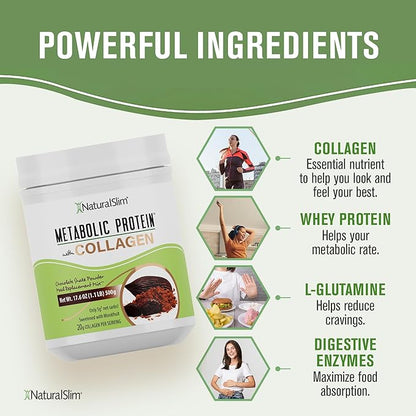 NaturalSlim Metabolic Protein Powder with Collagen Chocolate - Hydrolyzed Collagen Protein Powder for Hair, Skin, Bone, and Metabolism - Low Carb Meal Replacement Shake Mix - 17.6 oz