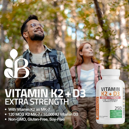 Bronson Vitamin K2 (MK7) with D3 Extra Strength Supplement Bone Health Non-GMO Formula 10,000 IU & 120 mcg MK-7 Easy to Swallow D K, 60 Capsules
