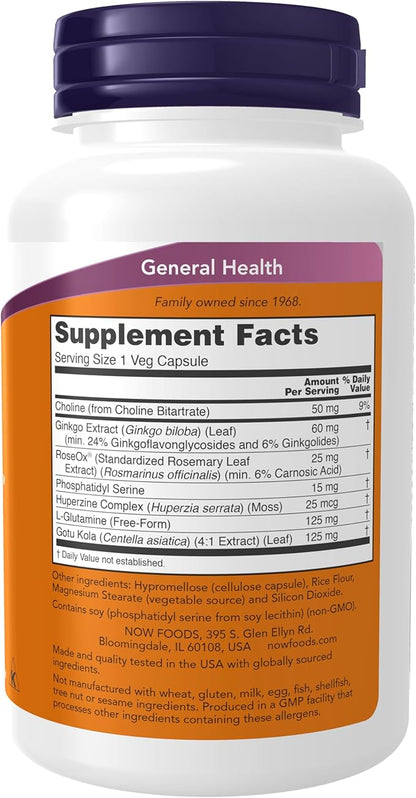 NOW Foods Supplements, Brain Elevate™, Featuring Ginkgo Biloba, RoseOx® and Phosphatidyl Serine, 120 Veg Capsules