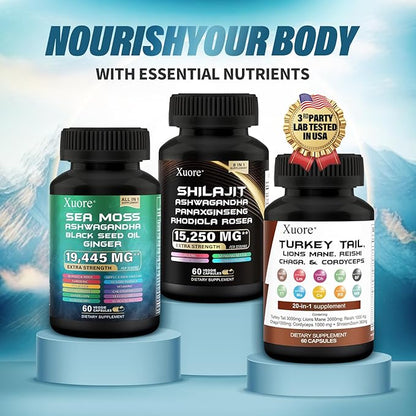 Shilajit,Sea Moss, Black Seed Oil,Mushroom & Herb Supplement with Lions Mane, Turkey Tail, Reishi, Cordyceps, Chaga, Ashwagandha, Ginger, Rhodiola Rosea & Panax Ginseng,All in One Supplement.