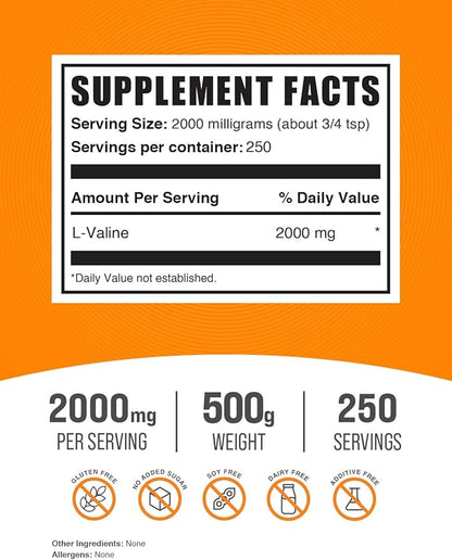 BulkSupplements.com L-Valine Powder - Valine Supplement, BCAA Supplement, Amino Acid Powder - Unflavored & Gluten Free, 2g per Serving, 500g (1.1 lbs) (Pack of 1)
