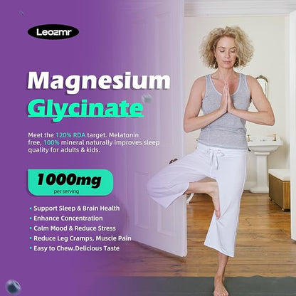 Magnesium Glycinate Gummies 1000mg - Sugar Free Magnesium Potassium Supplement with Vitamin D, B6, CoQ10 for Calm Mood & Sleep Support - 120 Blueberry Gummies