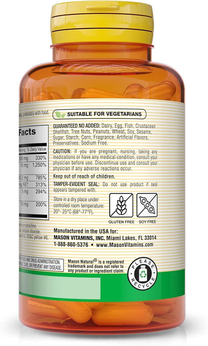 MASON NATURAL Vitamin B-Complex with Vitamin C - Healthy Heart and Nervous System, Improves Immune Function and Energy Metabolism, 100 Capsules