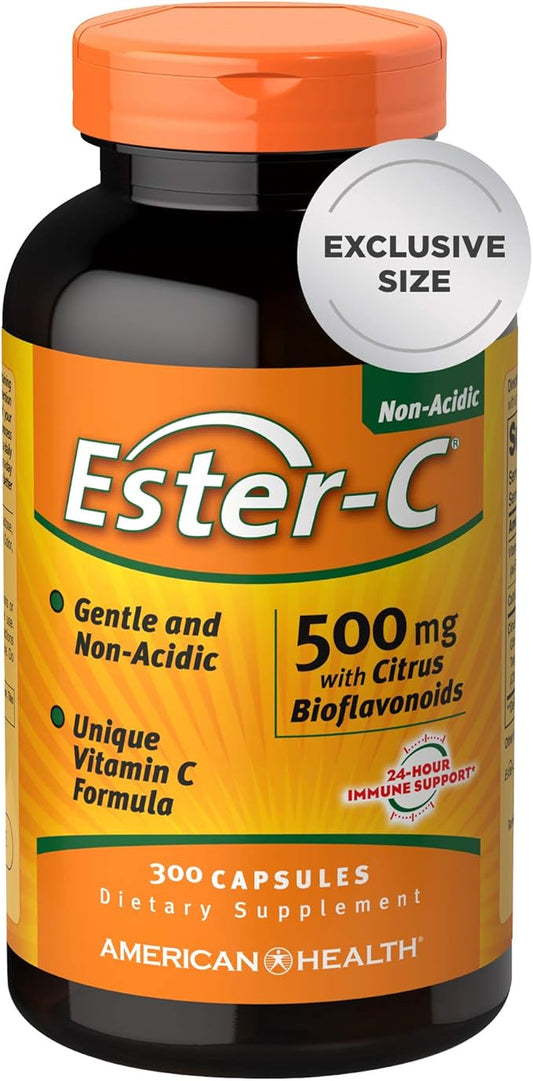 American Health Ester-C with Citrus Bioflavonoids Capsules - 24-Hour Immune Support, Gentle On Stomach, Non-Acidic Vitamin C - Non-GMO, Gluten-Free - 500 mg, 300 Count, 150 Servings