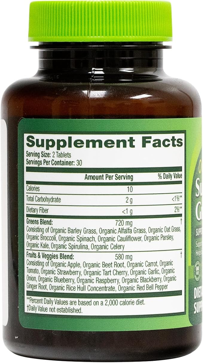 HealthA2Z® Organic Superfood Greens | 60 Tablets | Greens Blend 720mg | Fruits & Veggies Blend 580mg | Alfalfa, Broccoli, Spinach, Spirulina, Apple, Beet Root, Strawberry & Much More!