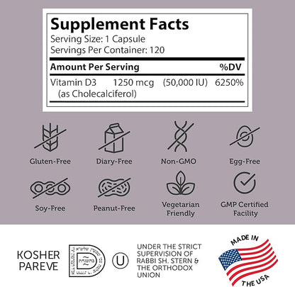 Zahler - Advanced Vitamin D3 50000 IU capsules (120 Count) Kosher Vegetarian Friendly Vitamin D for Immune Support, Bone, Teeth & Muscle Health - Weekly D3 Vitamin Supplement- Easy Swallow Vitamin D3.