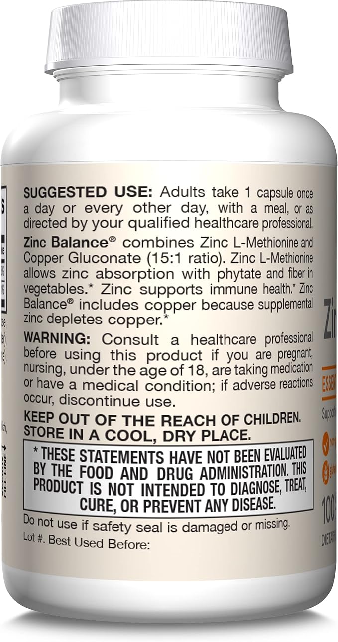 Jarrow Formulas Zinc Balance 15 mg - 100 Servings (Veggie Caps) Includes Copper Essential Mineral for Immune System Support - Immune Support Supp - Gluten Free Zinc Copper Supp - Vegan, Pack of 12