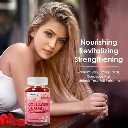 Sugar Free Collagen Gummies with Vitamin C Vitamin E Support Natural Collagen Production, Healthy Hair, Nails and Bones,Peach Flavor,60 Gummies for 30 Days Supply