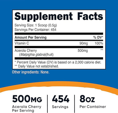 Nutricost Natural Vitamin C - Acerola Cherry Powder 0.5 LB - Gluten Free & Non-GMO