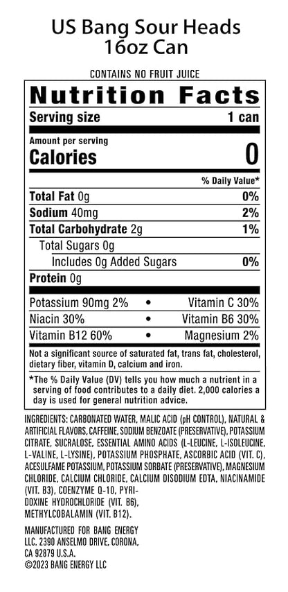 Bang Energy Sour Heads, Sugar-Free Energy Drink, 16-Ounce (Pack of 12)