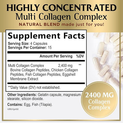 Collagen Peptides for Women – 2400mg Per Serving – Multi Collagen Capsules with Types I, II, III, V & X – Hydrolyzed Collagen Supplement Vital Hair, Skin, Nails, Joints & Bones Support – 60 Capsules