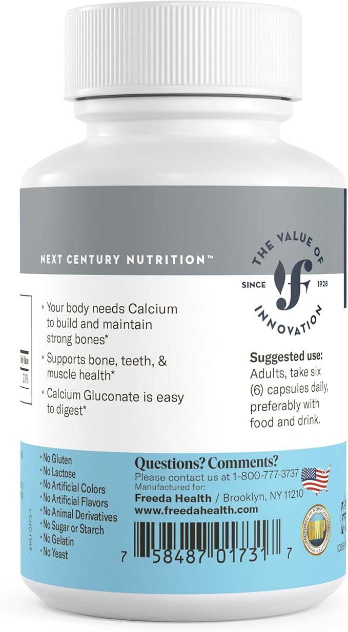 Freeda Calcium Gluconate – Kosher Vegan Calcium Supplement – Easy to Digest & Absorb – Supports Bone Strength – Pure Calcium Without Vitamin D – (100 Capsules)