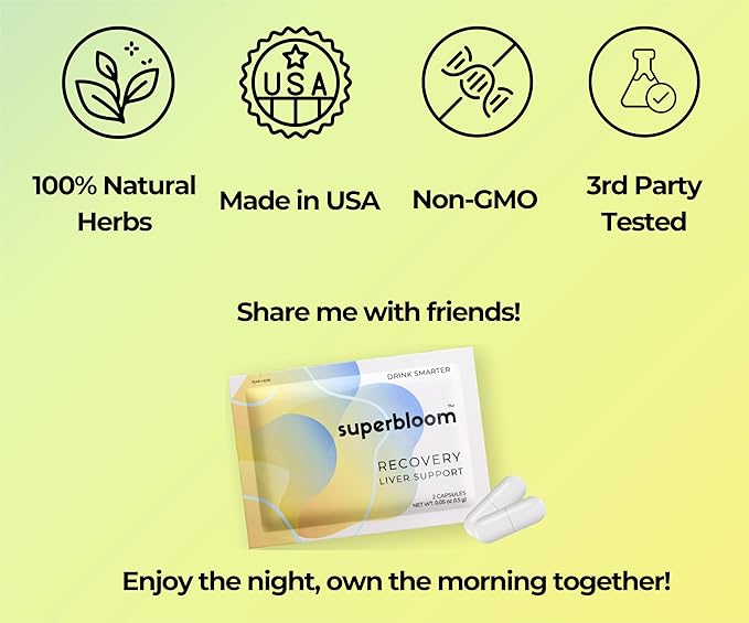 superbloom Recovery Liver Support | Liver Detox with DHM, Turmeric, Milk Thistle | 10 Sachets, 20 Capsules | Enjoy The Night, Own The Morning