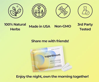 superbloom Recovery Liver Support | Liver Detox with DHM, Turmeric, Milk Thistle | 10 Sachets, 20 Capsules | Enjoy The Night, Own The Morning