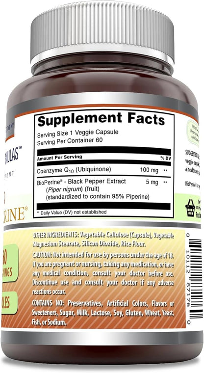 Amazing Formulas CoQ10 with Bioperine | 100 Mg Per Serving Supplement | 60 Veggie Capsules | Non-GMO | Gluten Free | Made in USA