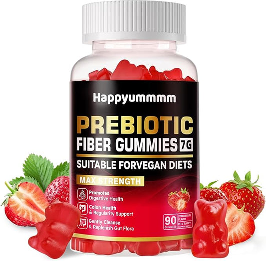 Prebiotic Fiber Gummies for Adults, 7G Extra Strength, Zero Sugar Added, 90 Pectin Based Gummies, Digestive Health & Regularity Support-Strawberry