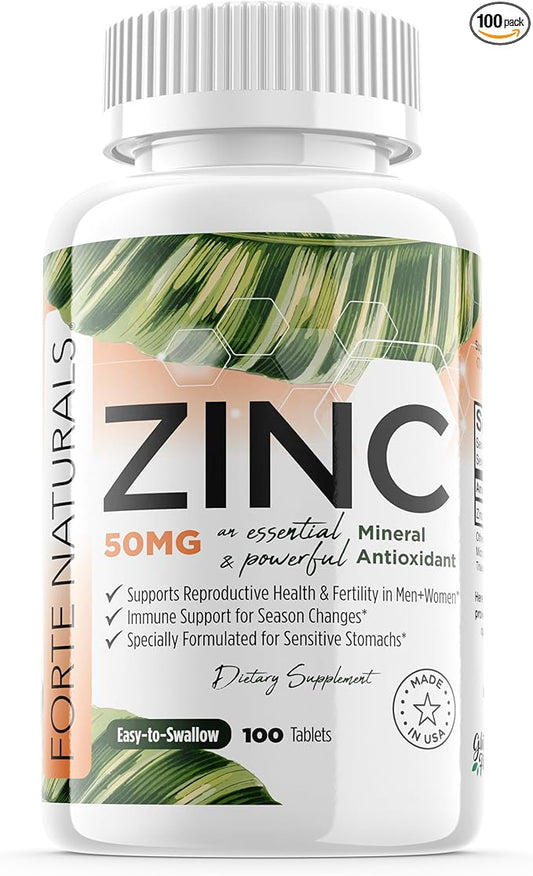 Zinc 50mg, (100 Tablets), Specially Formulated for Sensitive Stomach, Immune Support, Skin & Hair, Vegan Zinc Supplement, Non-GMO Made in USA