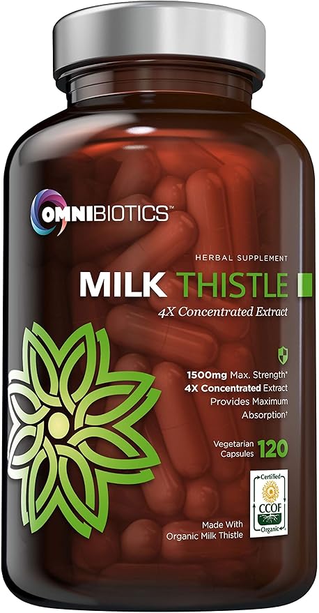 Organic Milk Thistle Supplement 1500mg 4X Concentrated Extract with Silymarin - The Strongest Milk Thistle Supplement Available for Liver Support - Great for Liver Detox - 120 Vegan Capsules