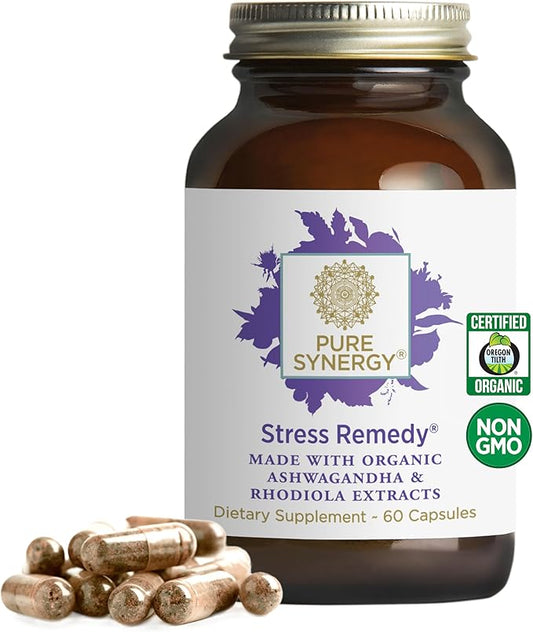PURE SYNERGY Stress Remedy | Soothing Supplement with Ashwagandha | Organic Adaptogen Support from Rhodiola, Lemon Balm, and Holy Basil | for Stress Relief, Adrenal Health, and Mood (60 Capsules)