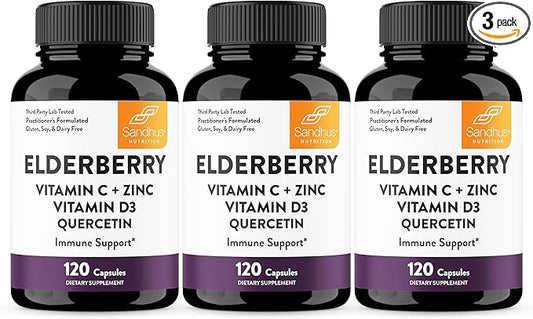 Elderberry Vitamin C and Zinc 120 Capsules (Pack of 3) | with Quercetin and Vitamin D3 | Immune Support for Adults | Herbal Supplement for Men and Women