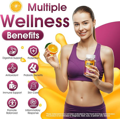 Fiber Supplement 20-in-1, Fiber Gummies for Adults, 50 Billion CFU Probiotic & Prebiotic Supplement with Inulin, Psyllium, Support for Gut & Digestive Health, 60-Count, Peach & Orange