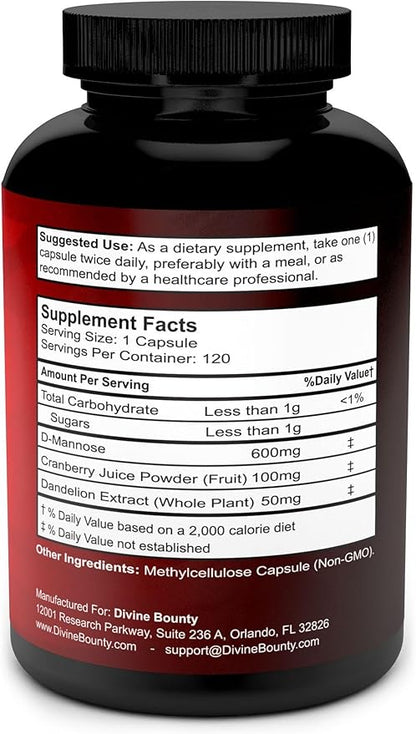 Divine Bounty D-Mannose Capsules - 600mg D Mannose Powder per Capsule with Cranberry and Dandelion Extract to Support Normal Urinary Tract Health - 120 Veggie Capsules