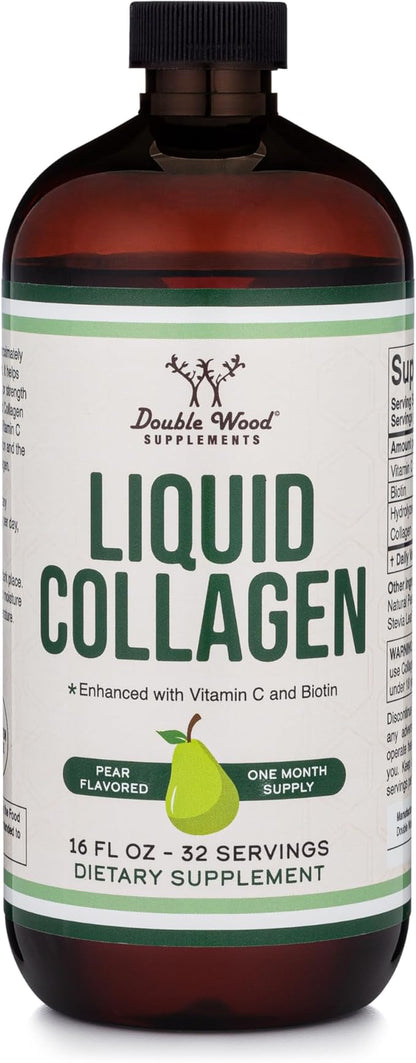 Double Wood Supplements Liquid Collagen - 2500mg of Hydrolyzed Bovine Collagen (Type 1, 3 and Grassfed) - 32 Servings - for Women and Men - 30 mcg of Biotin - Sugar Free Pear Flavor