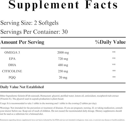Omega-3 Focus 2000mg, Nootropic Formula with Citicoline, B12, PQQ, Folate, P5P | 60 Softgels - 30 Days Supply