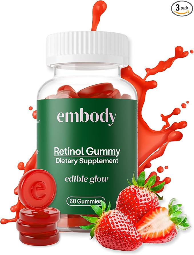 Embody: 60 Skin Gummies Multivitamin Retinol Gummy | Vitamin A Supplement for Anti-Aging, Glowing, Youthful & Clear Skin | Strong Hair & Nails with Biotin, Vitamin C, B12 & Zinc