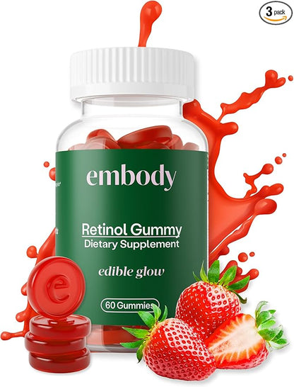 Embody: 60 Skin Gummies Multivitamin Retinol Gummy | Vitamin A Supplement for Anti-Aging, Glowing, Youthful & Clear Skin | Strong Hair & Nails with Biotin, Vitamin C, B12 & Zinc