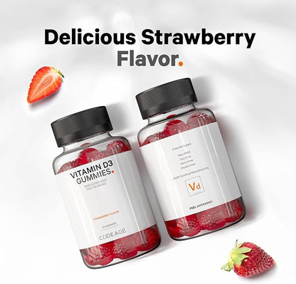 Codeage Vitamin D3 Gummy Vitamins, Vitamin D3 5000 IU Gummies Cholecalciferol 125 mcg, Soft Pectin-Based, Animal Gelatin-Free Gummy, Gummies Vitamins, Tasty Strawberry, Non-GMO - 2-Pack
